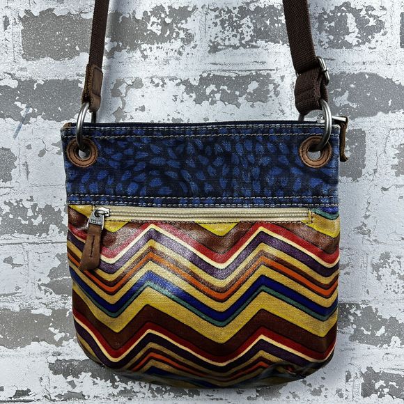 Fossil Key-Per Crossbody Bag Coated Canvas Aztec Chevron Print Blue Denim Trim‎ - Picture 4 of 16
